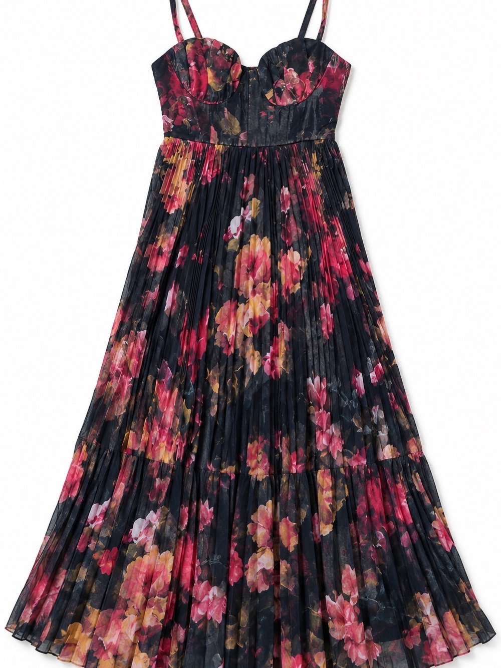 Women’s Navy Blue Floral Pleated Spaghetti-Strap Dress